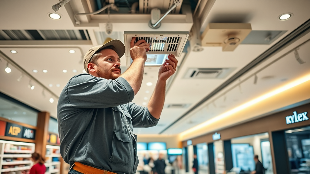 Electrician upgrading LED lighting during commercial electrical maintenance in store.