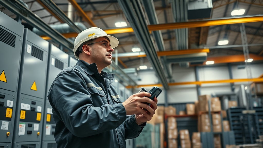 Warehouse commercial electrical maintenance by professional technician near circuit breakers.