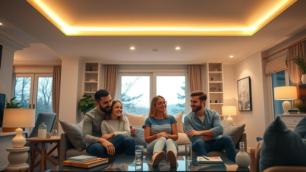 Modern living room with energy efficient lighting and a happy family relaxing