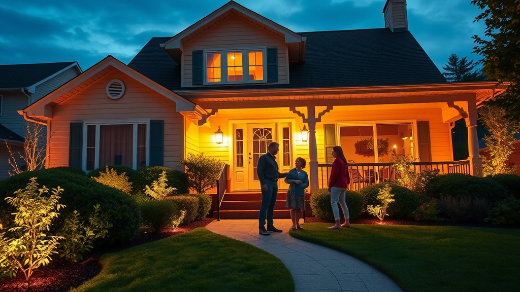 Long Island home exterior with energy efficient outdoor LED lighting at dusk