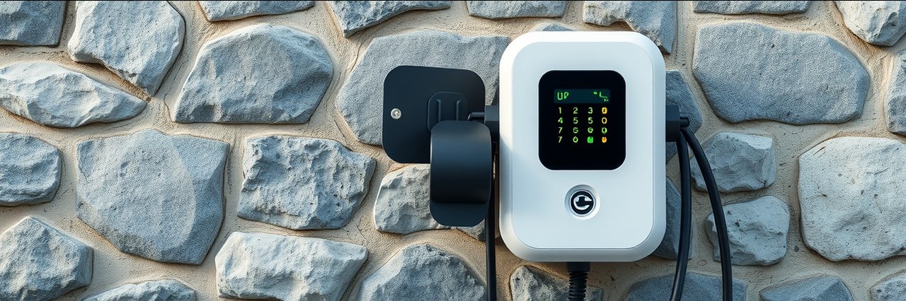 Electrician-installed EV charger on stone wall, Emporia charging unit close-up