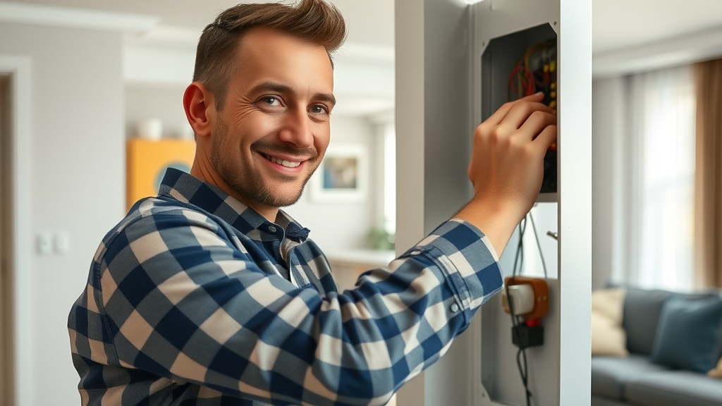 Electrician expertly repairing panel in modern living room, fast professional help