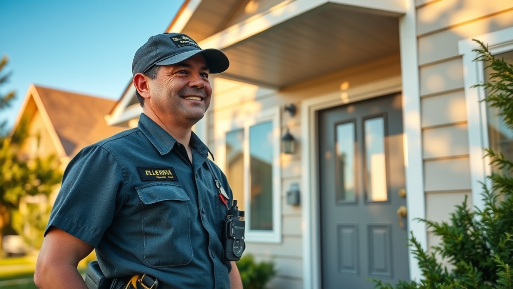 Electrician consulting with homeowner outside a suburban home, reliable fast help