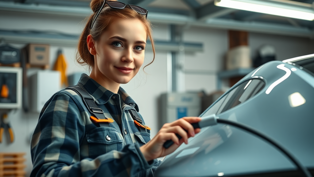 Female electrician installing EV charger in garage, expert electrician assistance