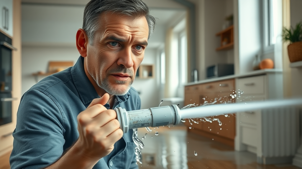 Homeowner urgently checking burst pipe for emergency plumbing repairs