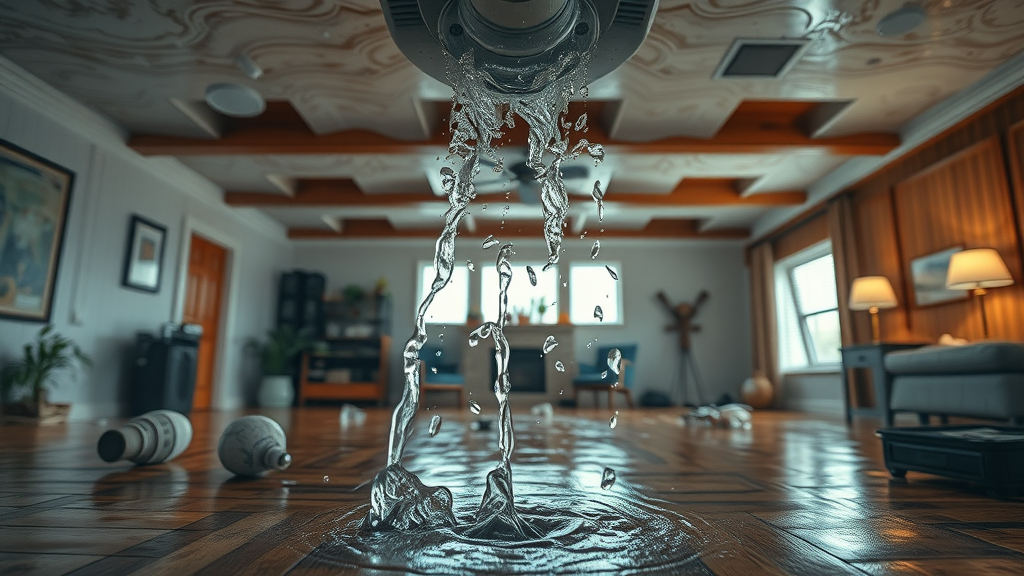 Burst pipe causing ceiling water damage needing emergency plumbing repairs