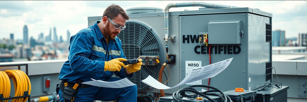 Certified HVAC technicians repair rooftop AC unit with tools in city setting