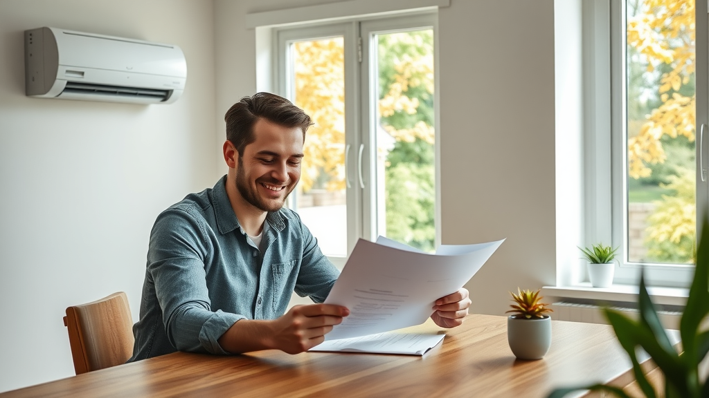 Smiling couple reviews HVAC rebate programs paperwork in a bright home kitchen