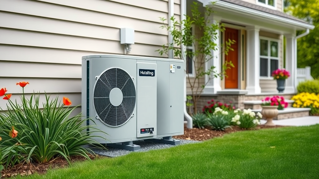 Energy-efficient HVAC system installed outside Long Island home with garden