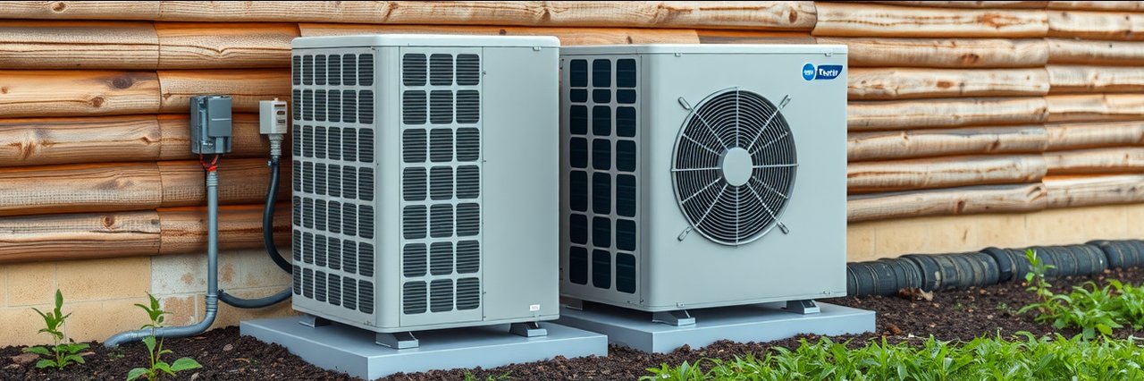 Modern residential commercial HVAC outdoor unit beside a wooden building