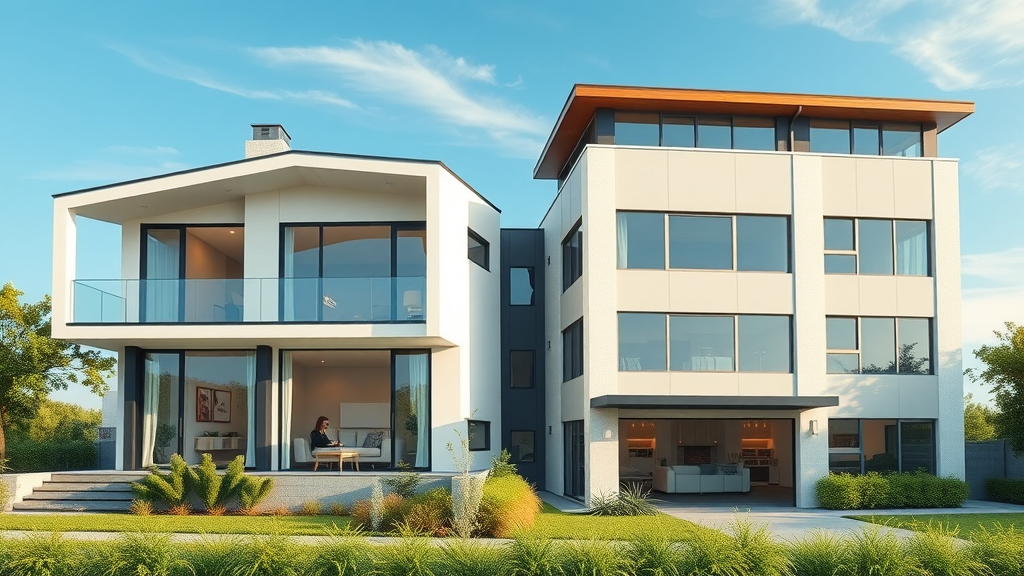 Modern home and business buildings with efficient HVAC systems, Long Island