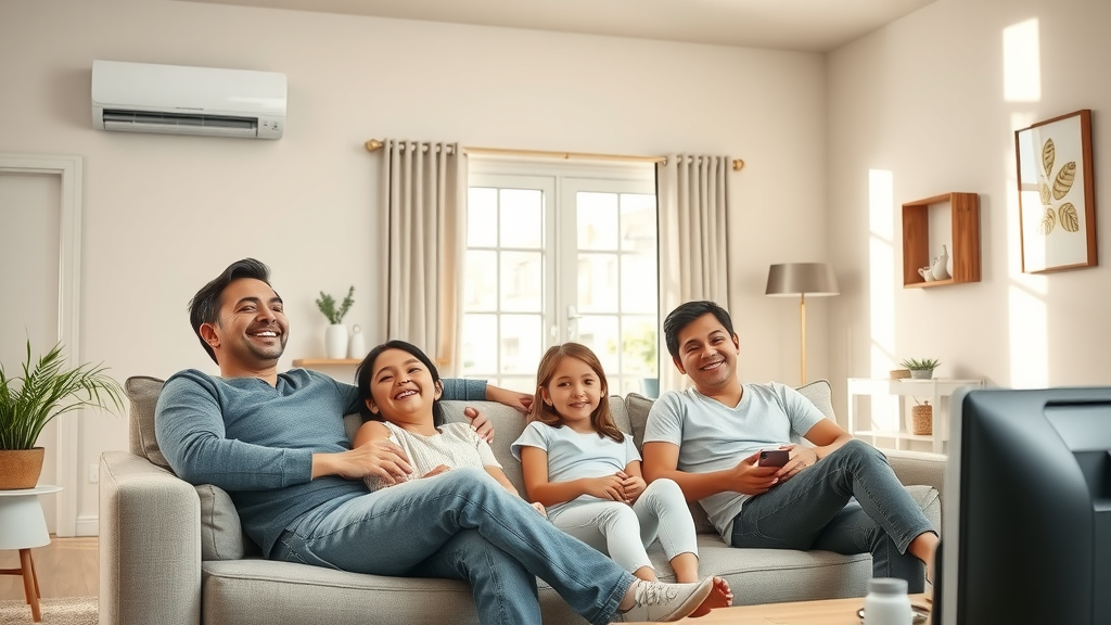 Family relaxing in cool living room with ductless mini-split, residential cooling solutions