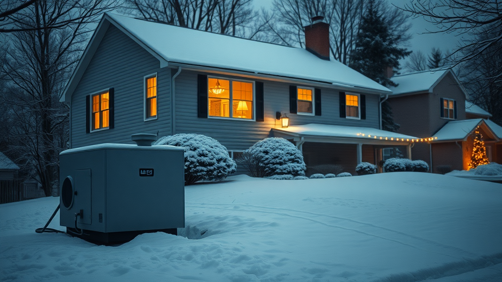 Cozy Long Island home with modern boiler, snow-covered, winter evening.