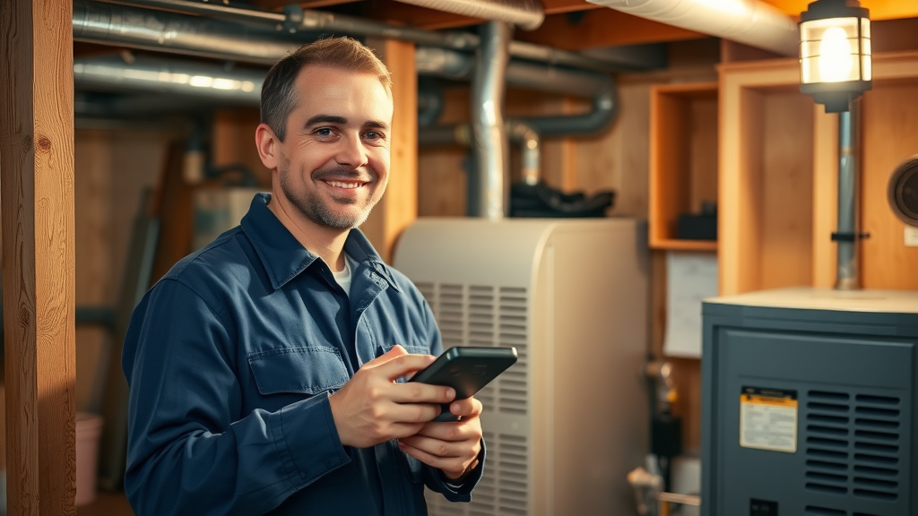 Technician performing boiler and furnace repair in organized, well-lit basement.
