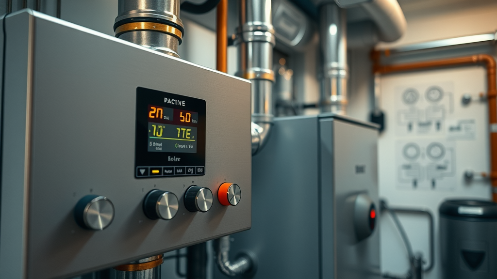 Modern boiler and furnace repair system with digital controls and piping detail.
