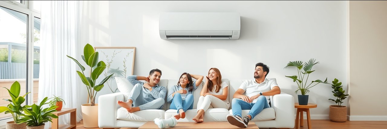 Modern living room with air conditioning unit and family enjoying cool air