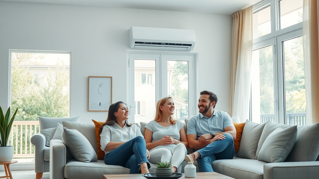 Modern living room with family enjoying reliable air conditioning comfort