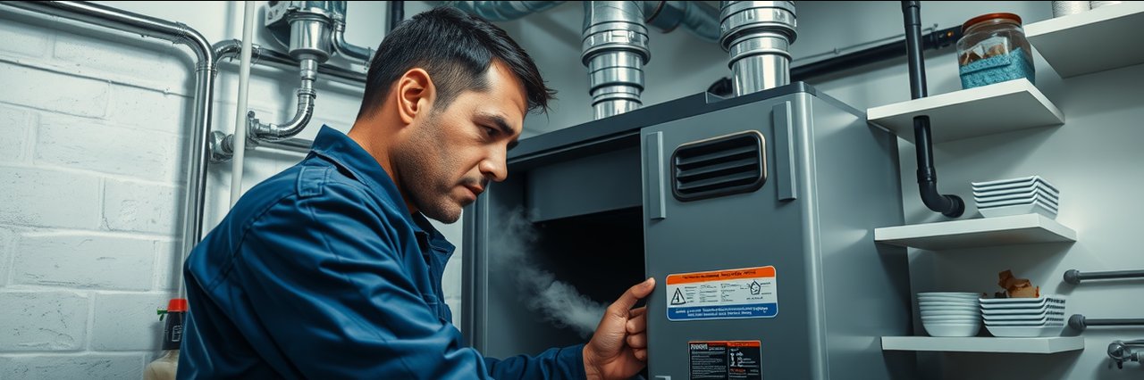 Professional technician provides gas heat services on modern furnace in clean utility room.