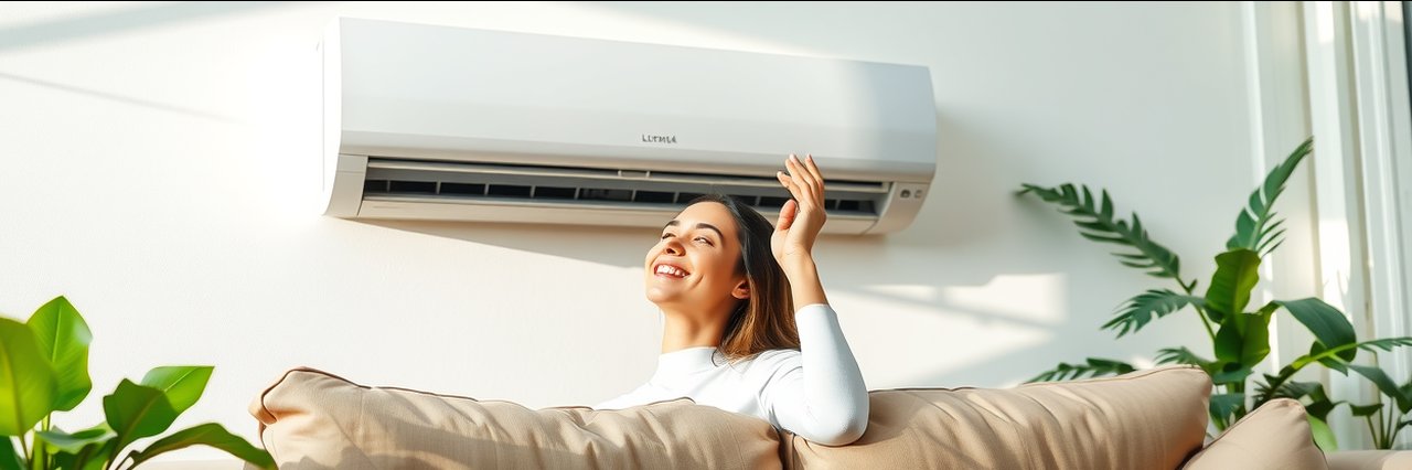 Modern air conditioning unit cooling bright living room with smiling woman enjoying comfort.