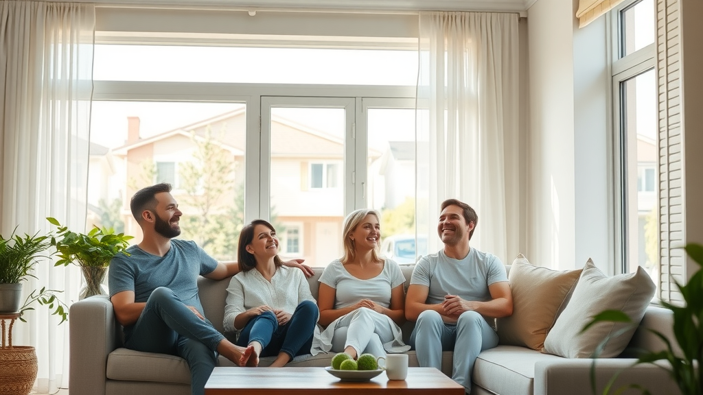 Happy Long Island family enjoying air conditioning comfort in living room