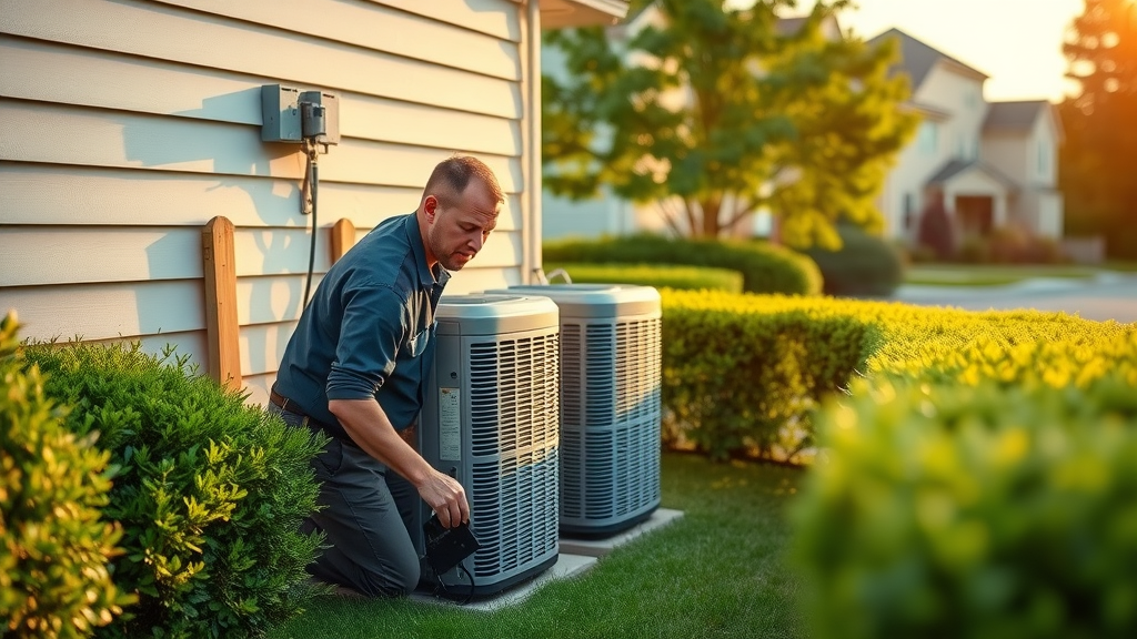 HVAC professional repairing air conditioning unit in Long Island suburb