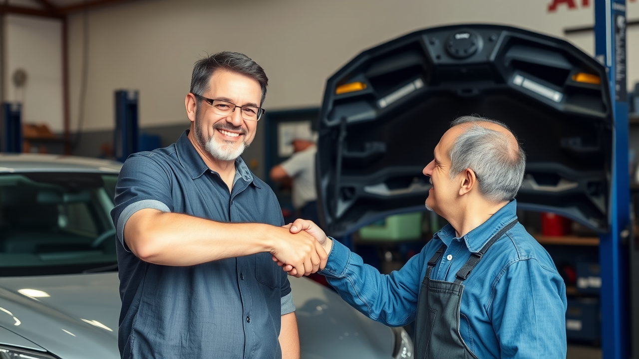 Happy customer and mechanic after successful auto repair at local workshop