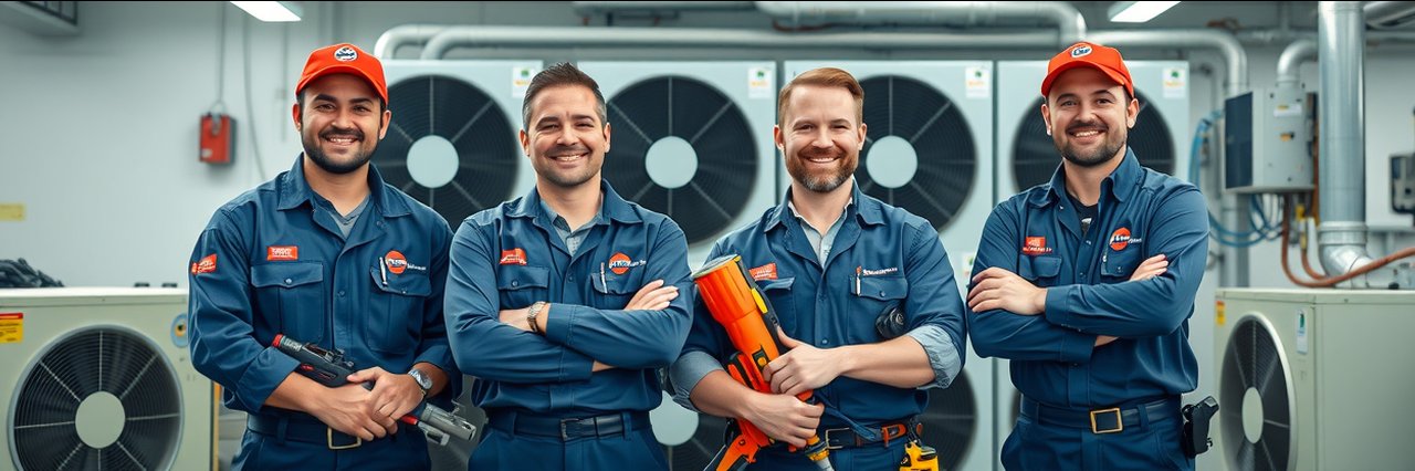 Air conditioning and heating technicians standing in modern workspace
