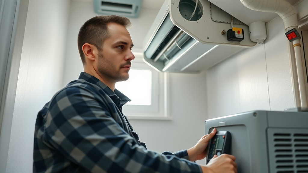HVAC technician installing modern air conditioning and heating system on Long Island.