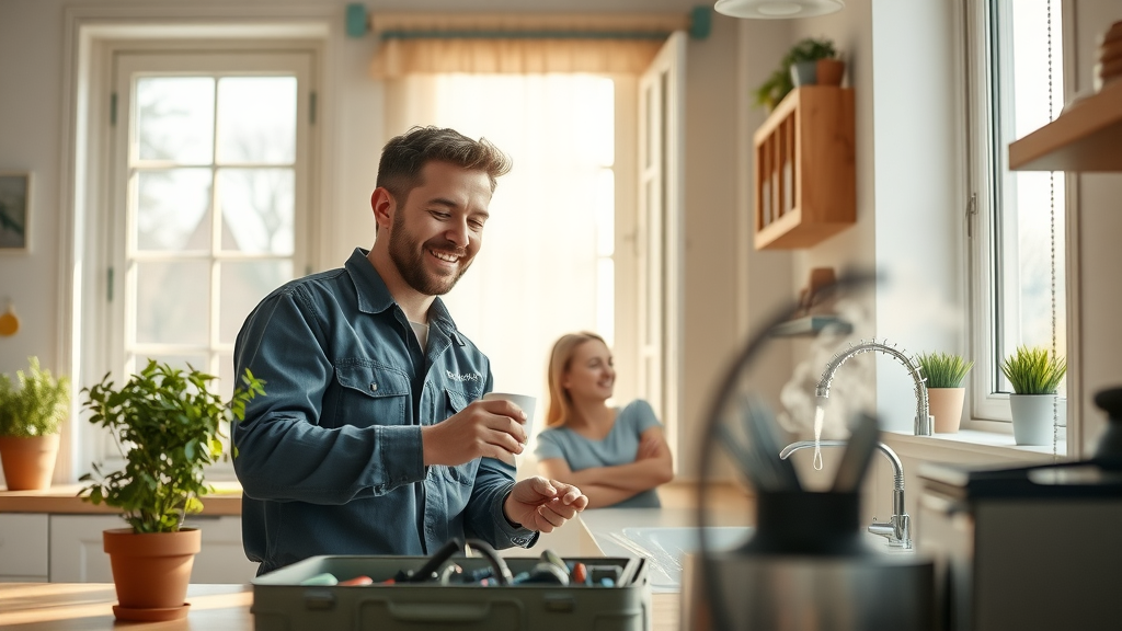 Family kitchen with expert plumbing, heating and cooling technician performing maintenance
