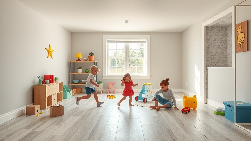 Child-friendly basement with waterproofing, framing, insulation, and safe flooring