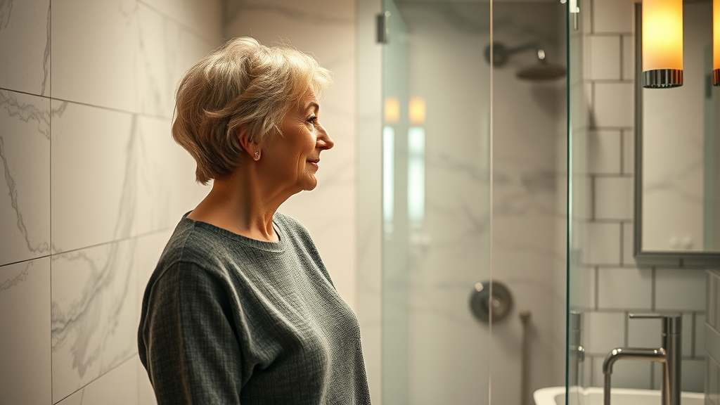 Upscale small home renovation bathroom with new tiles and luxury fixtures