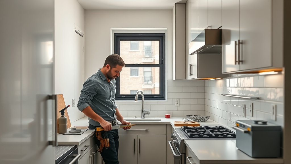Modern small home renovations in Manhattan kitchen with new backsplash being installed