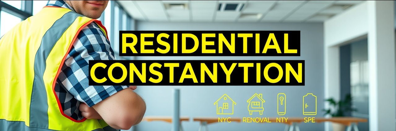 Modern residential construction NYC company banner with worker and text overlay