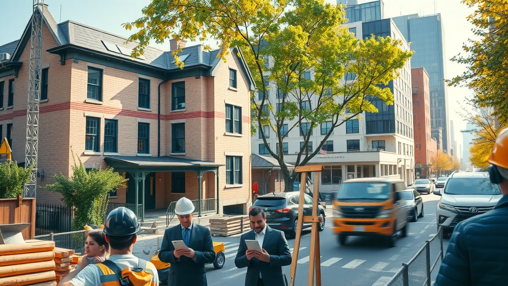 NYC residential construction at busy site with professionals collaborating