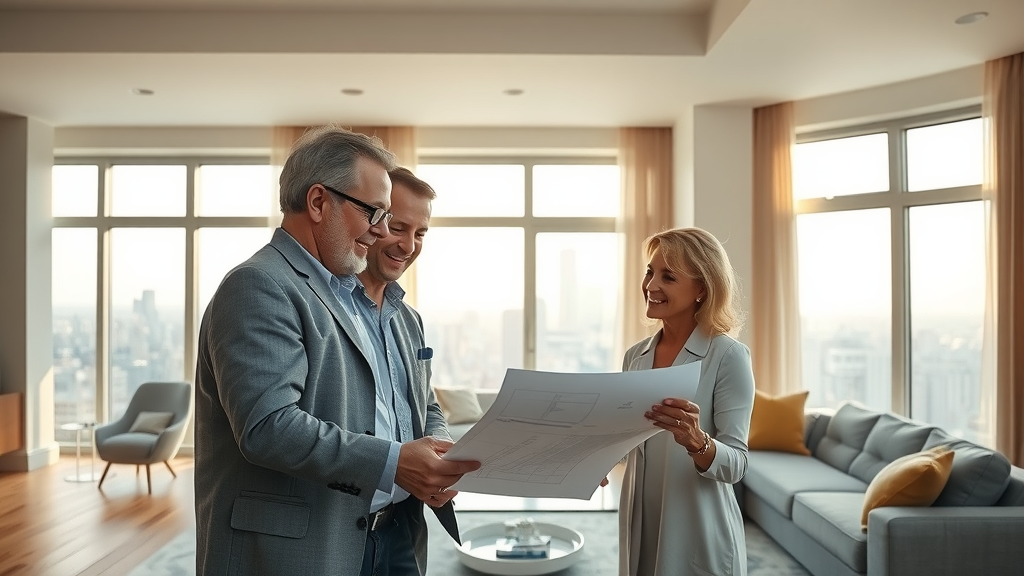 Expert builder and client reviewing NYC residential construction plans indoors