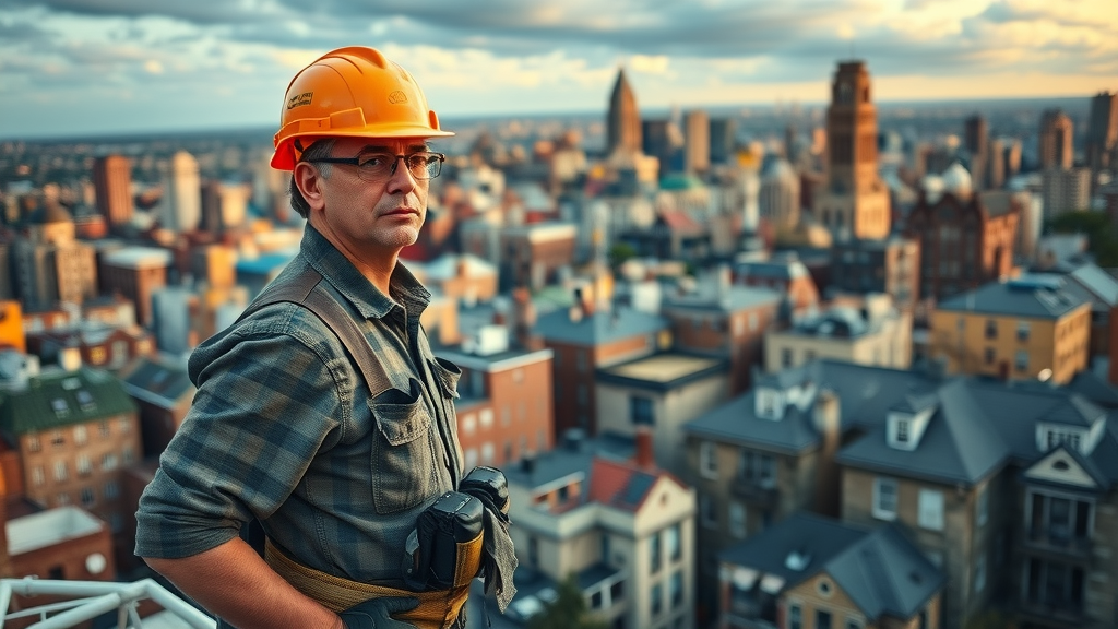 Construction worker surveys NYC rooftops during residential renovation project