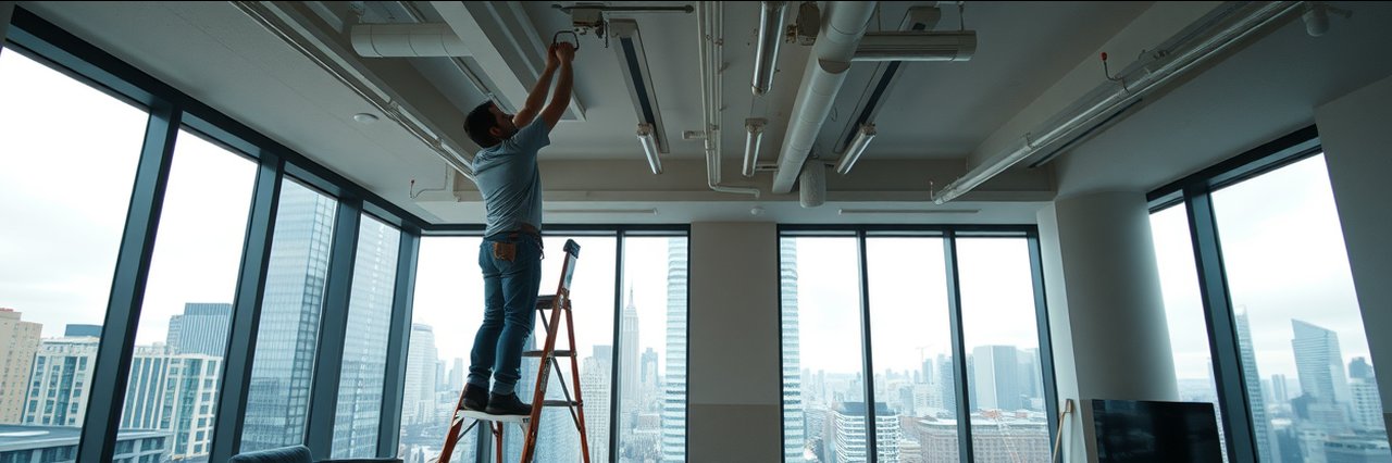 Townhouse renovation nyc worker installing lights in bright NYC apartment.
