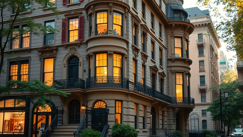 Restored NYC townhouse exterior beautifully lit, showcasing townhouse renovation nyc.