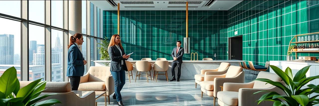 Licensed insured contractor designed modern office lounge with business professionals.