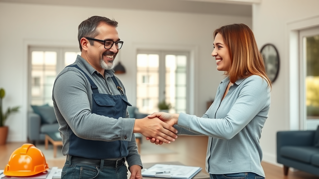 Licensed insured contractor and homeowner shaking hands at safe construction site