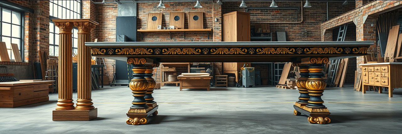 General contracting NYC workshop with ornate gold woodwork and artisan workspace.