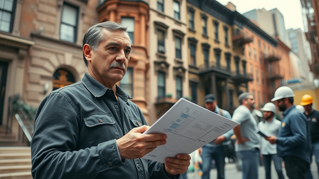 General contracting NYC expert managing brownstone renovation on Manhattan street