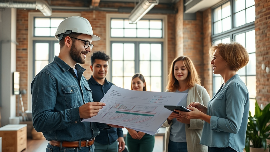 General contractor and NYC residents reviewing renovation plans in modern loft