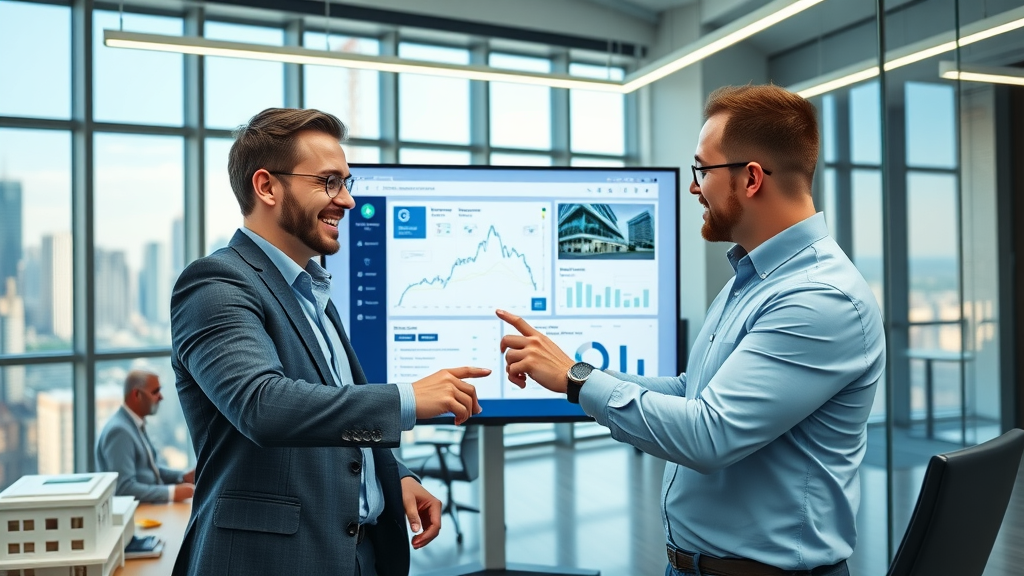 General contracting NYC tech-driven project review with real-time updates on screen