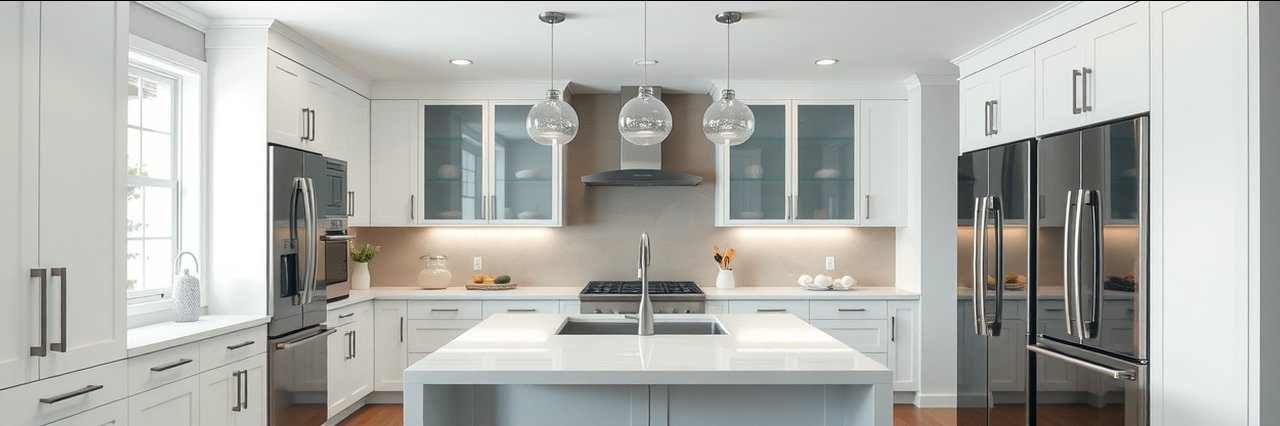 Modern upscale kitchen showcasing home remodeling nyc with white cabinets and stainless appliances