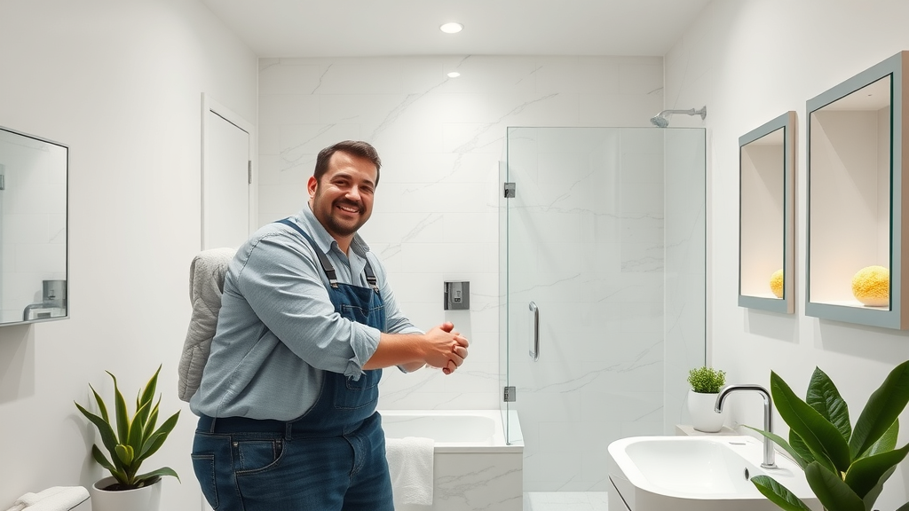 NYC bathroom completed remodel showing contractor and homeowner handshake