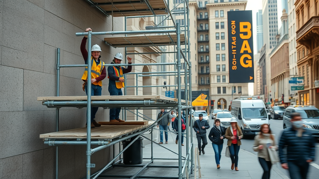Sidewalk scaffolding rental on busy NYC street for safe pedestrian access