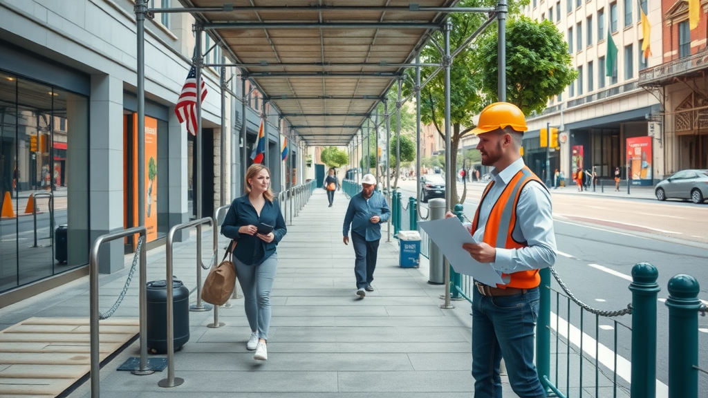 Urban sidewalk scaffolding rental creates protected pedestrian walkways