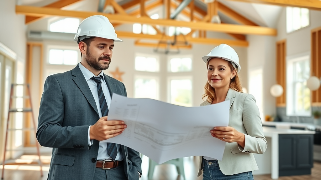 General contracting services experts reviewing blueprints at a home renovation site