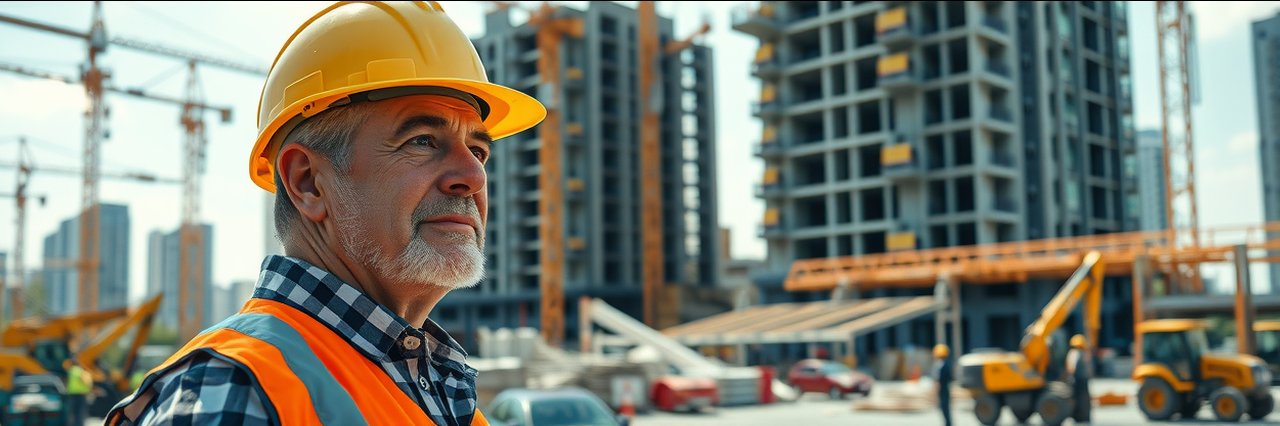 Construction project supervision by foreman at active building site with cranes.